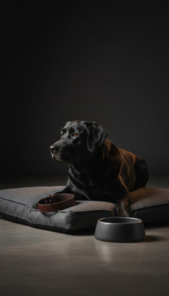 Cão preto repousando sobre almofada cinza com coleira e tigela perto