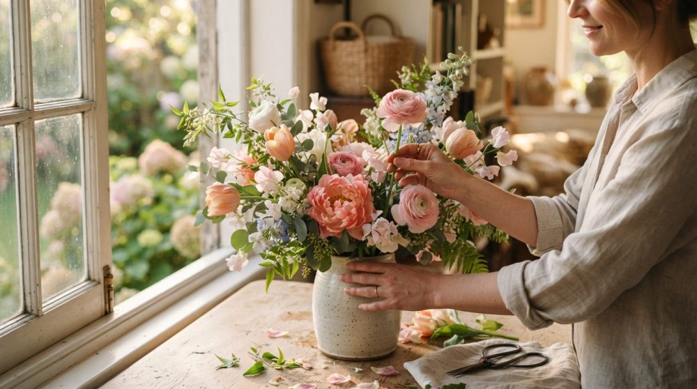 Pessoa a arranjar flores rosa e brancas num vaso cerâmico perto da janela iluminada