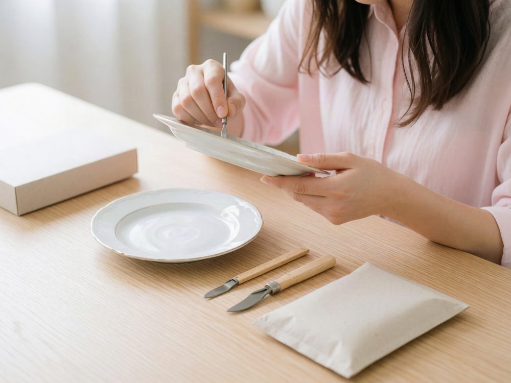 Pessoa a restaurar um prato branco usando uma ferramenta de precisão numa mesa clara