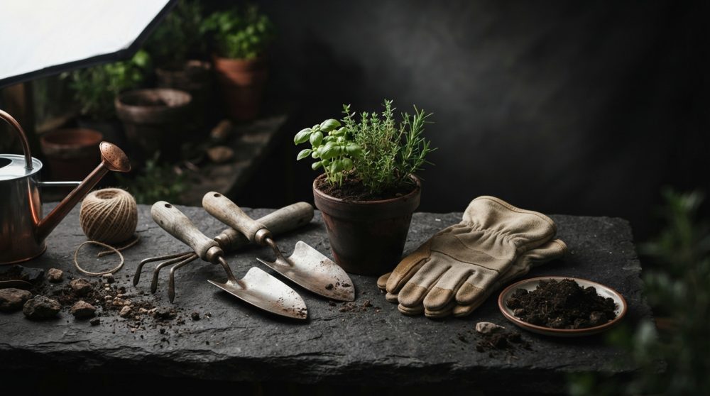 Ferramentas de jardinagem com luvas, regador e vaso de ervas sobre superfície de pedra escura