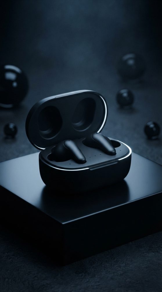 Auriculares sem fios negros em estojo aberto sobre base escura com iluminação suave