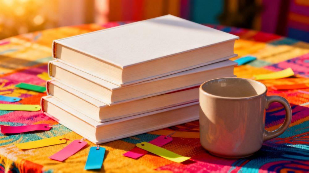 Três livros brancos empilhados com chávena castanha sobre mesa colorida e etiquetas multicoloridas ao redor