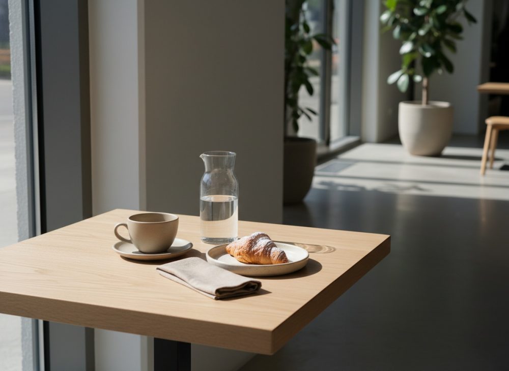Mesa de café com chávena, croissant e jarro de água junto a janela iluminada