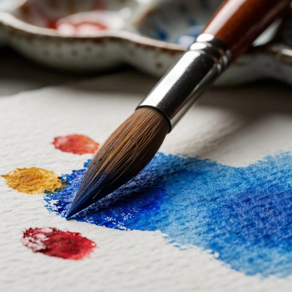 Pincel a aplicar tinta azul em papel texturado com gotas de tinta vermelha e amarela