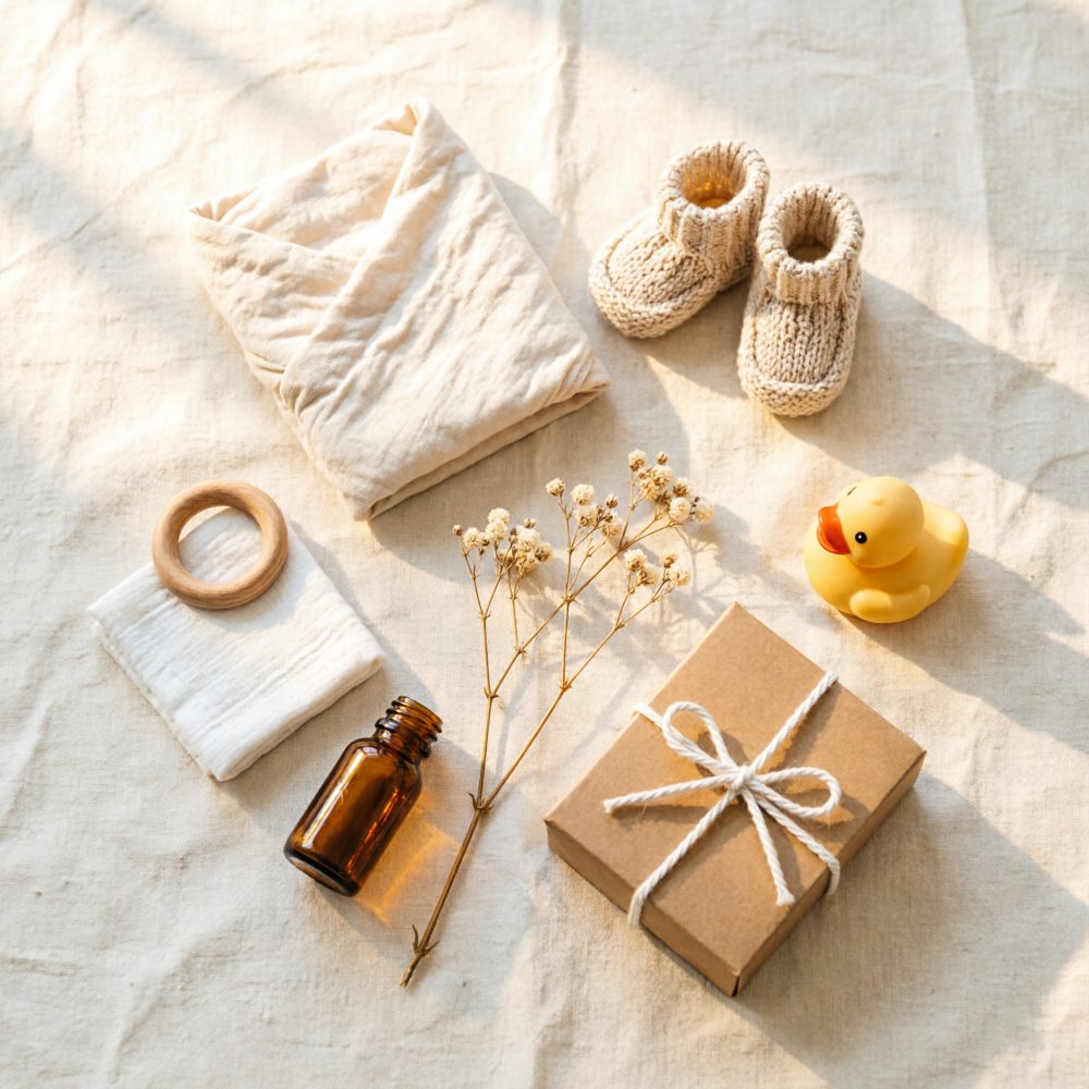 Kit para bebé com mantinha bege, sapatinhos de lã, brinquedo de borracha e caixa de presente natural