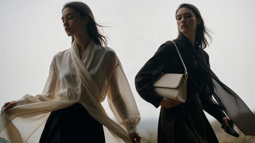 Duas mulheres com blusas fluídas, uma clara e outra escura, em estilo elegante e minimalista