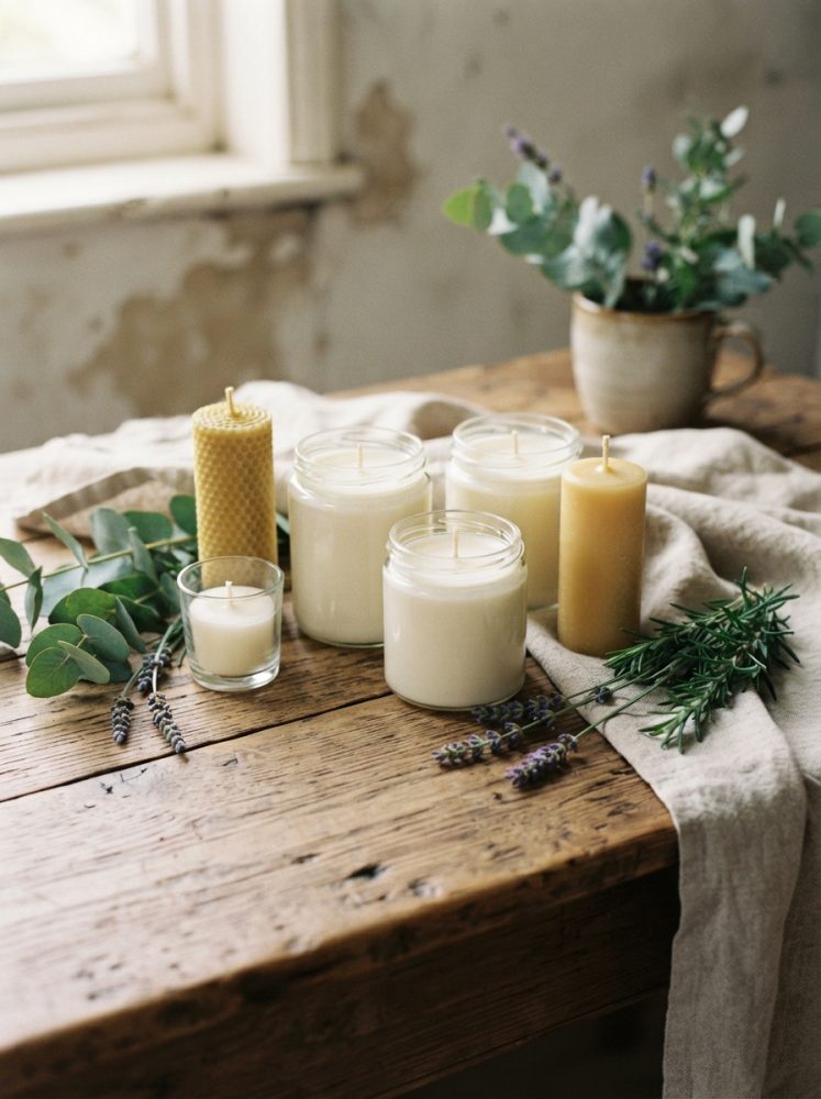 Velas brancas e amarelas com ramos de ervas aromáticas sobre mesa de madeira rústica