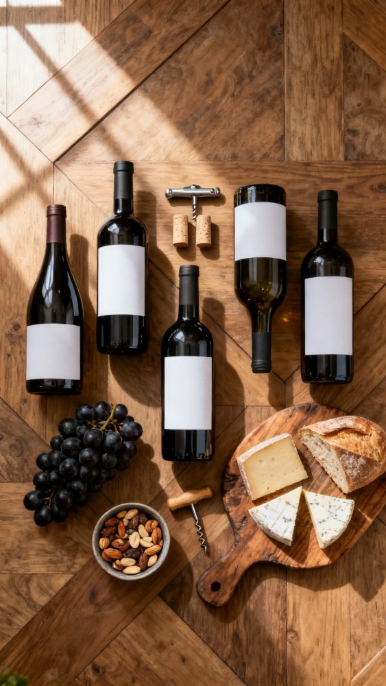 Cinco garrafas de vinho com rótulos em branco, queijo, pão, uvas e frutos secos sobre chão de madeira.