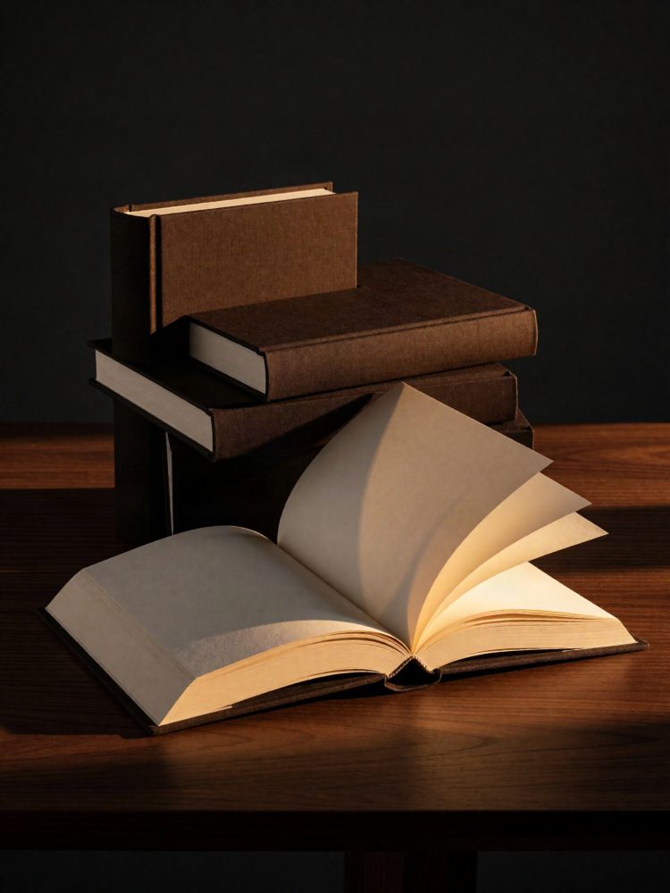 Livros castanhos empilhados e um aberto com páginas claras sobre mesa de madeira