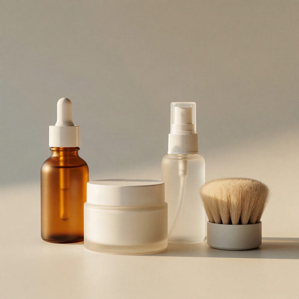 Produtos de beleza em frascos minimalistas com pincel para cuidados da pele