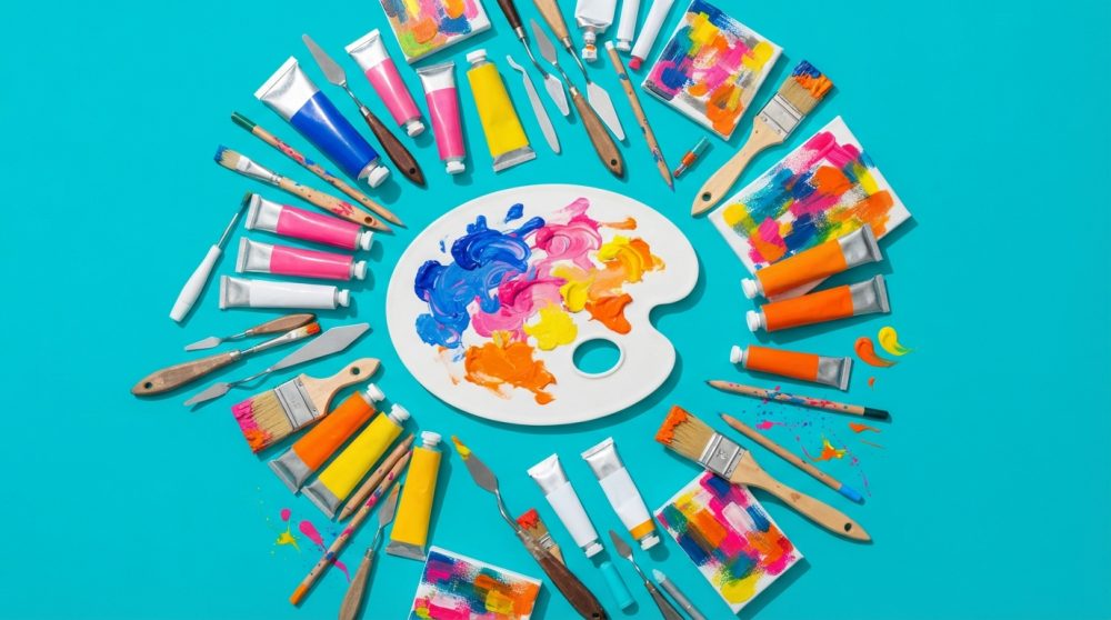 Conjunto de tintas, pincéis e paleta de pintura colorida sobre fundo azul