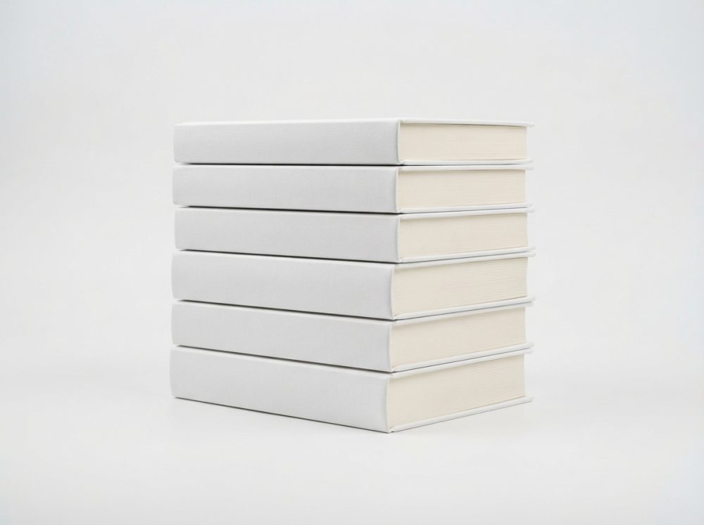 Seis livros empilhados com capas completamente brancas, sobre fundo branco