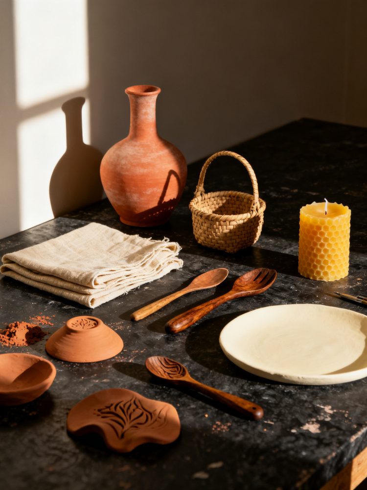 Conjunto de utensílios artesanais em barro, madeira, cesto de palha e uma vela sobre mesa escura