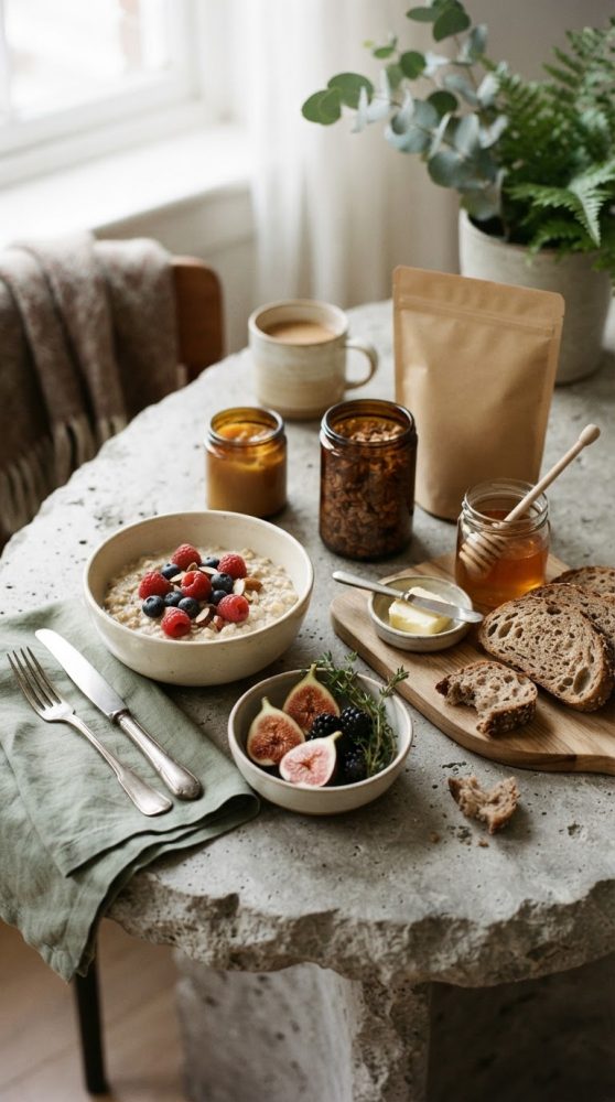 Mesa com pequeno-almoço saudável de aveia, frutas, mel, pão integral e café com luz natural
