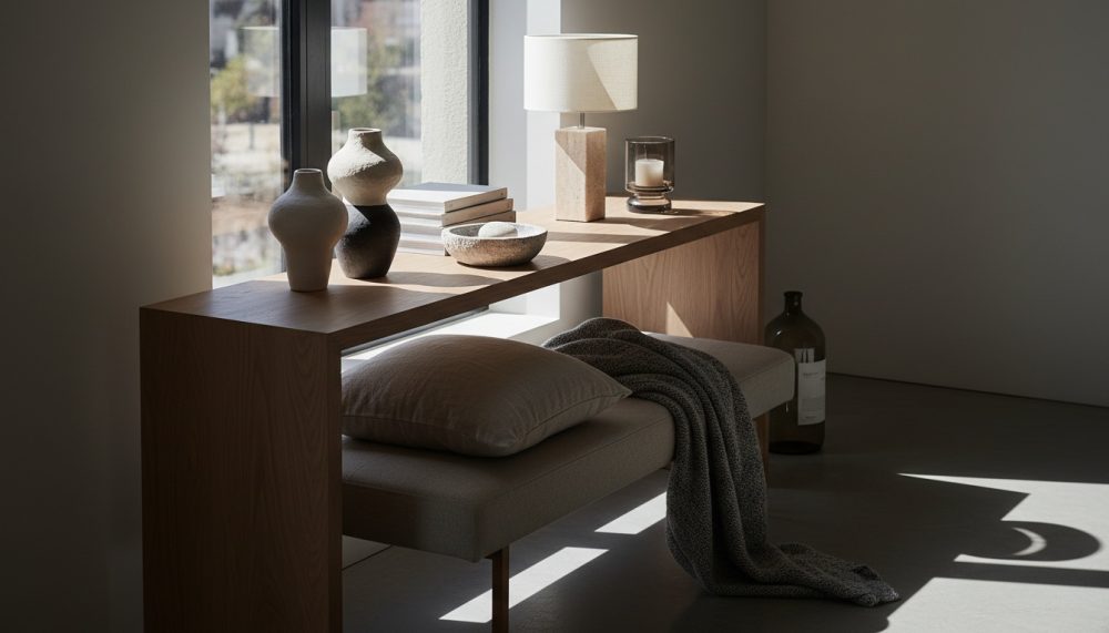 Aparador de madeira com vasos, candeeiro, almofada e manta cápsula em espaço minimalista iluminado