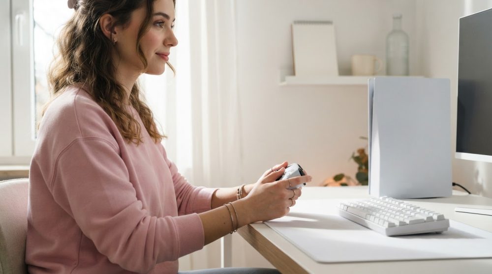 Mulher jovem a jogar videojogos num espaço luminoso com computador branco e comando nas mãos
