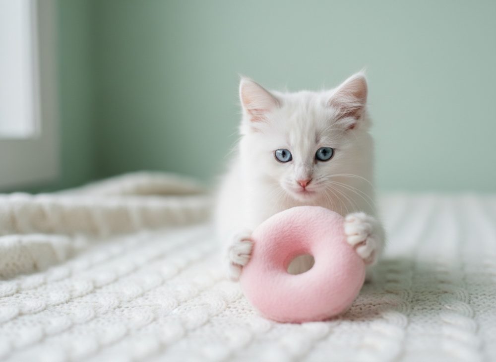 Gato branco com olhos azuis a brincar com brinquedo redondo rosa num cobertor branco