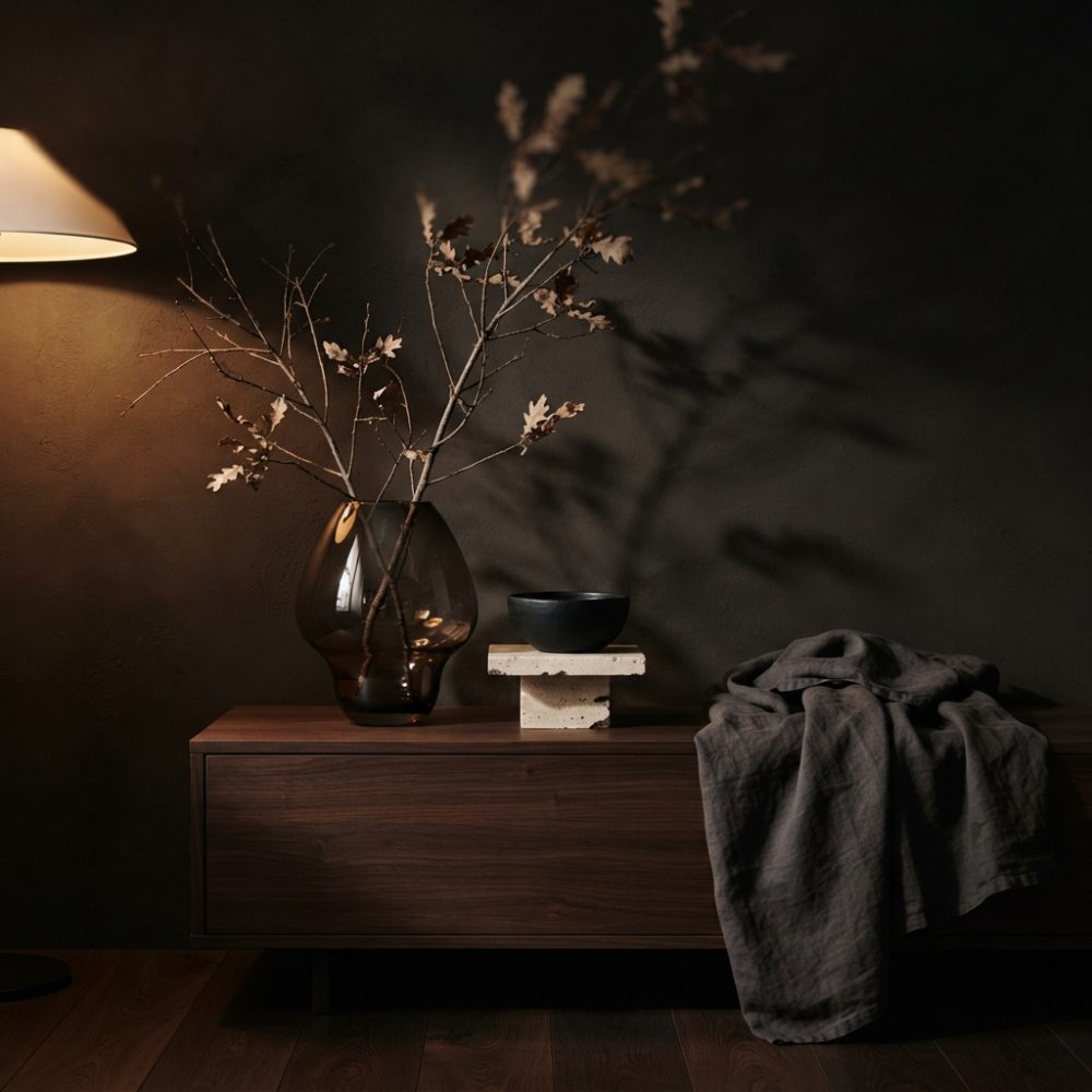 Decoração minimalista com vaso, ramos secos, loiça preta e tecido sobre móvel de madeira escura com iluminação quente