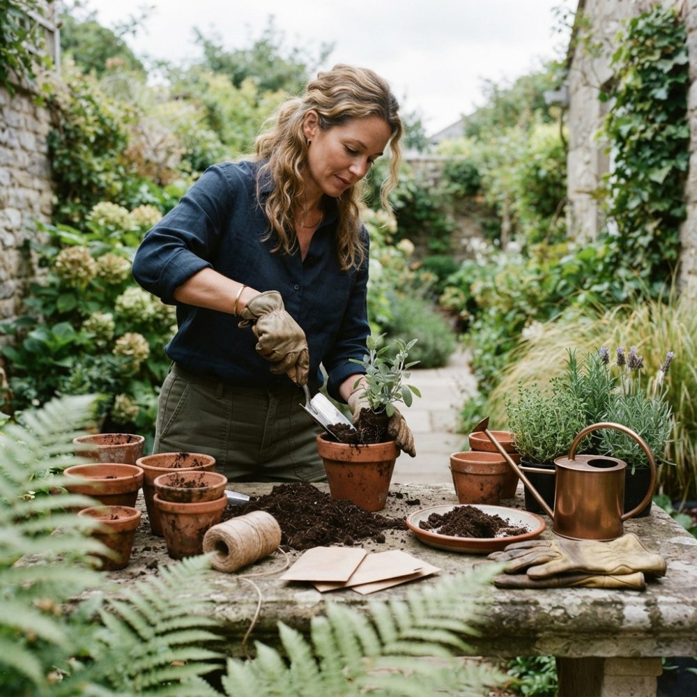 Mulher a transplantar planta aromática para vaso de barro num jardim com ferramentas de jardinagem