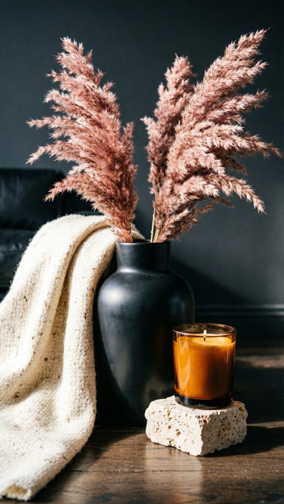 Vaso preto com flores secas, manta creme e vela âmbar sobre pedra numa superfície de madeira