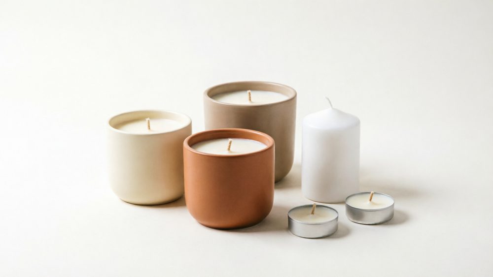 Seis velas em recipientes de cerâmica e metal em tons neutros sobre fundo branco