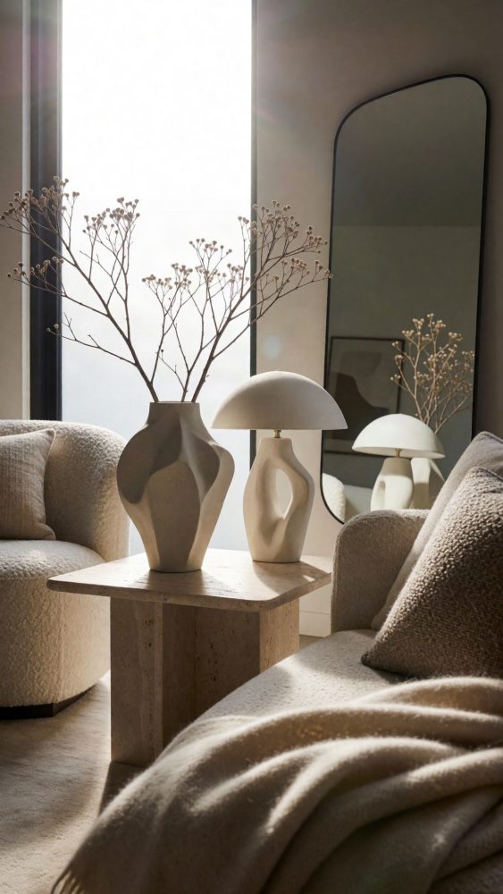 Mesa com vaso e lâmpada decorativa entre poltronas com manta em sala luminosa