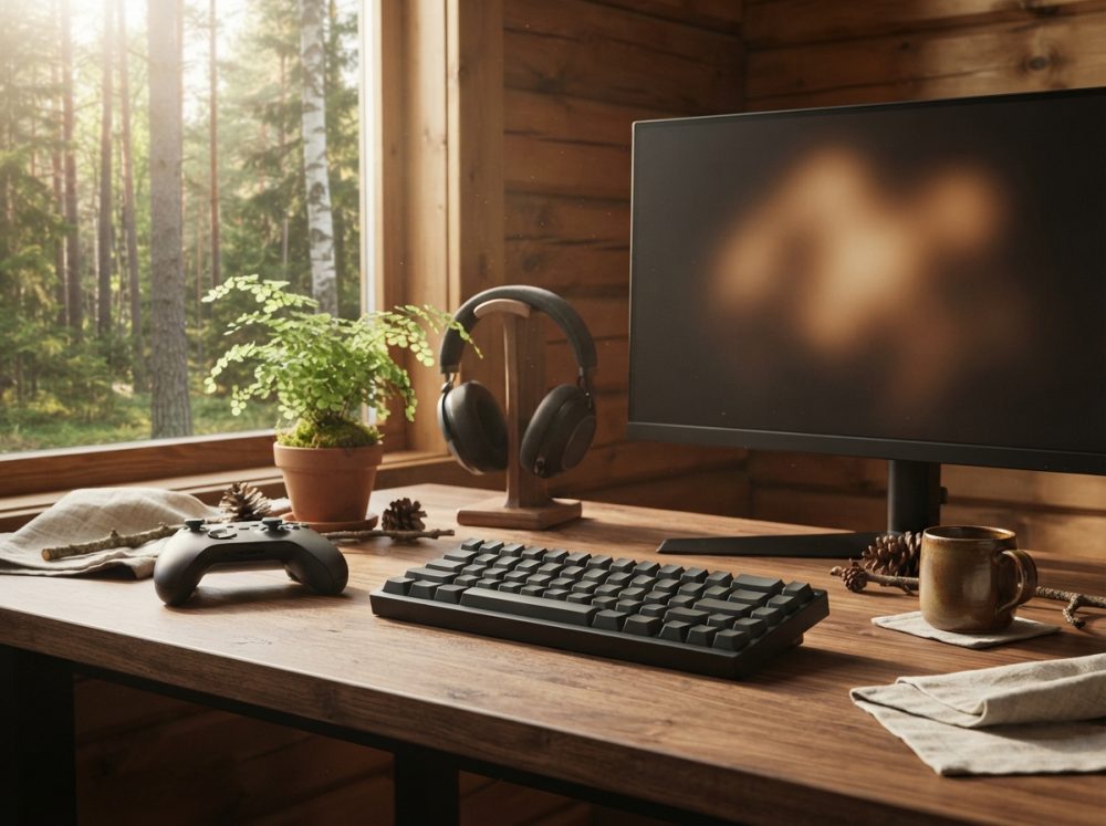 Setup de gaming com teclado, comando, auscultadores e monitor num espaço rústico com luz natural