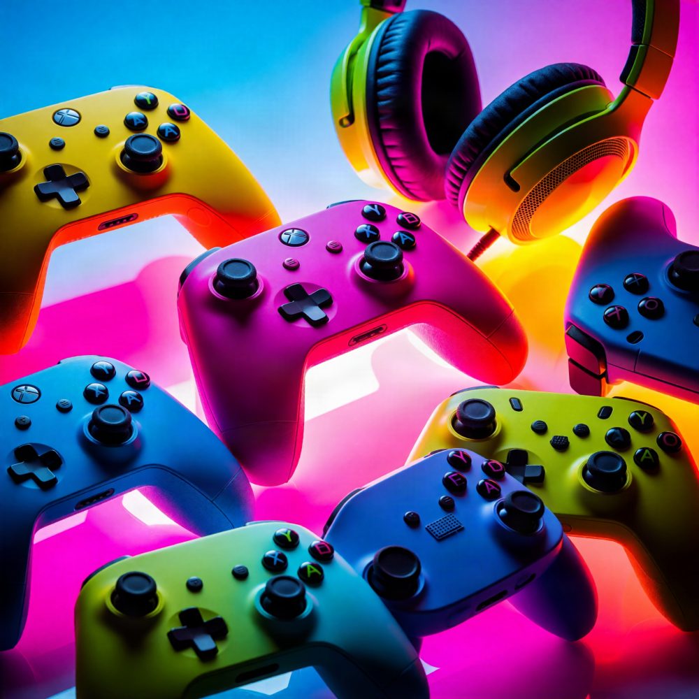 Comandos coloridos de videojogos com auscultadores em fundo neon rosa e azul