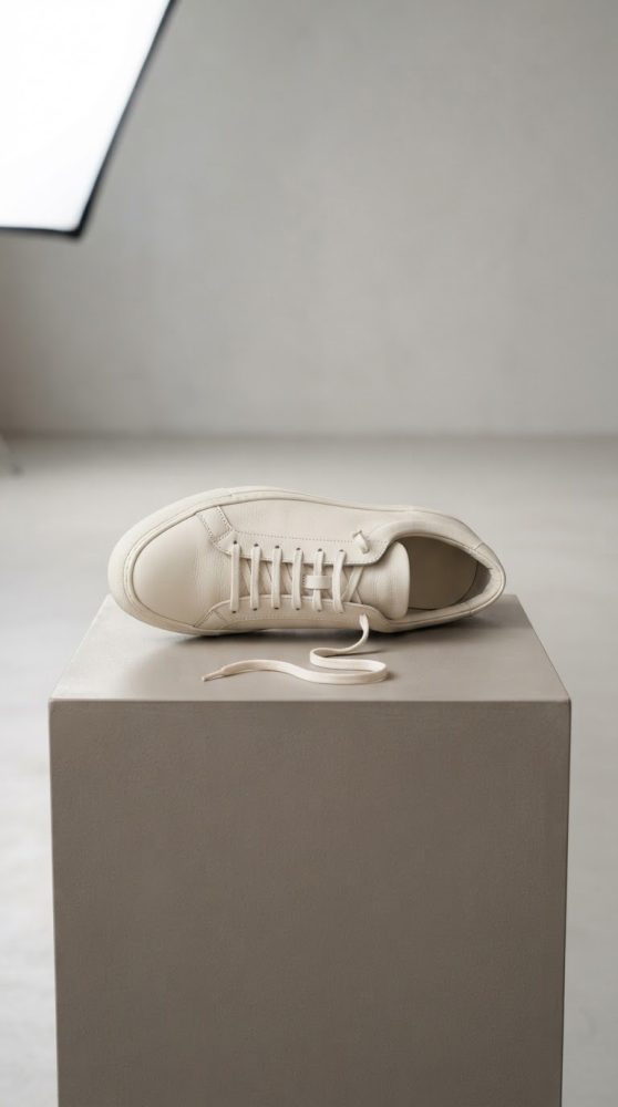 Tênis branco minimalista com cadarços, pousado sobre um pedestal cinzento