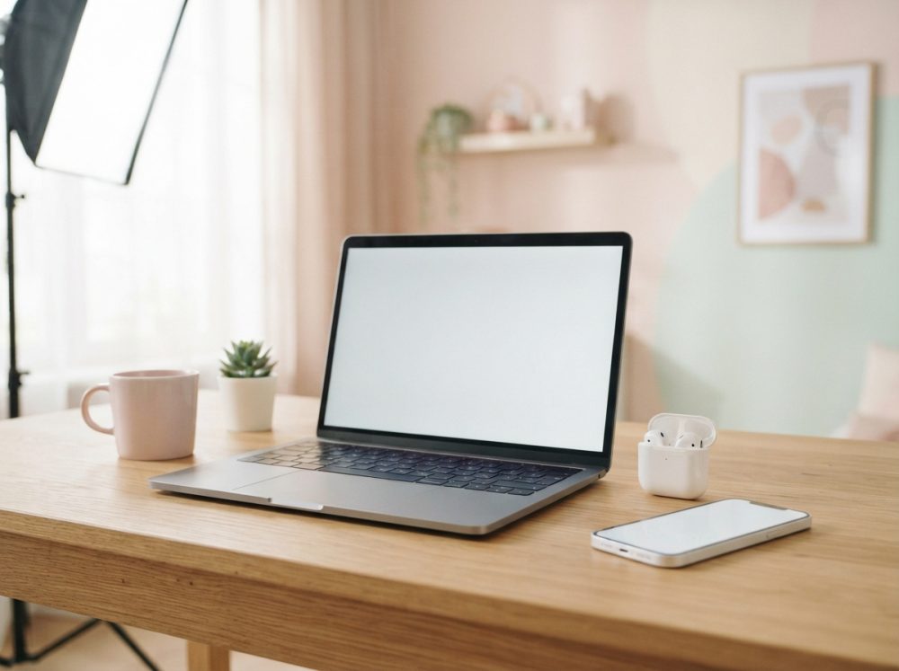 Computador portátil, auriculares sem fios e smartphone na mesa de madeira com caneca e planta.