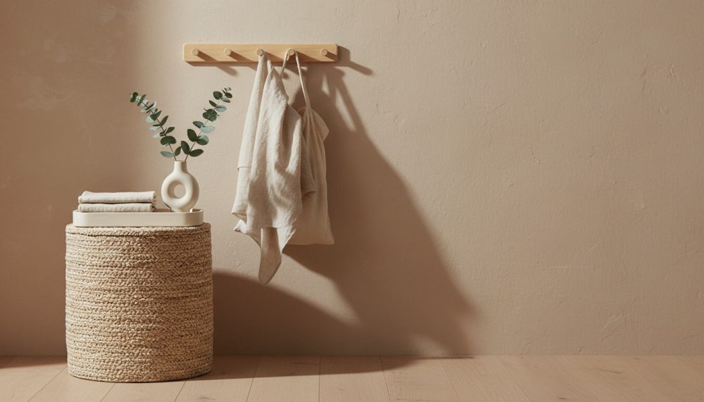 Cesto de fibras naturais com toalhas, vaso branco e folhas verdes, roupa pendurada em parede bege