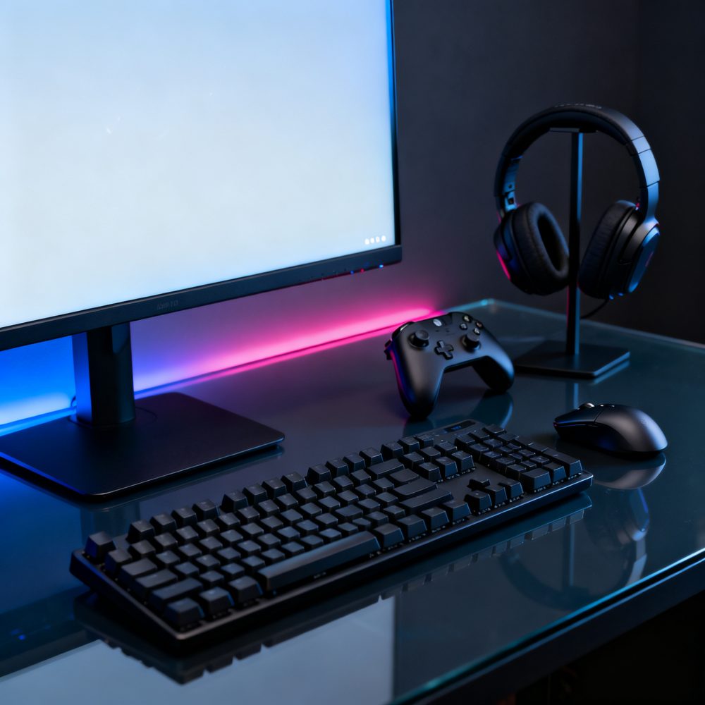 Teclado, comando, auscultadores e rato preto numa secretária de gaming com iluminação LED azul e rosa.