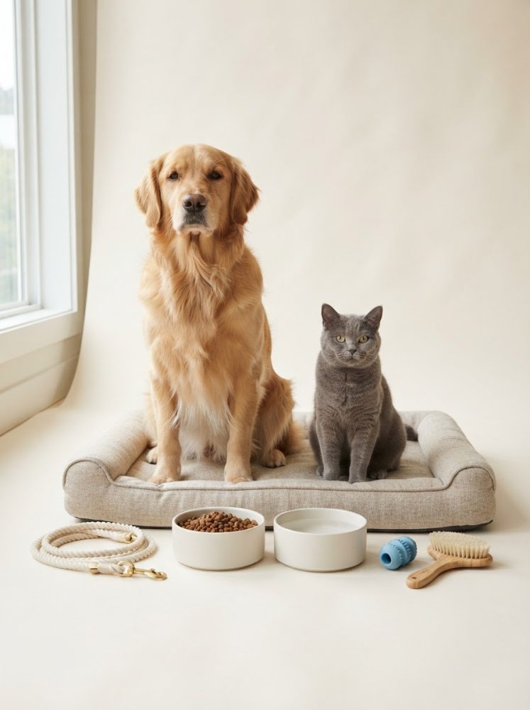 Cão dourado e gato cinzento sentados numa almofada com comedouros, coleira, escova e brinquedo 
