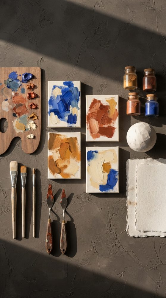 Materiais de pintura com pincéis, paleta, telas abstratas e frascos de pigmentos sobre fundo castanho