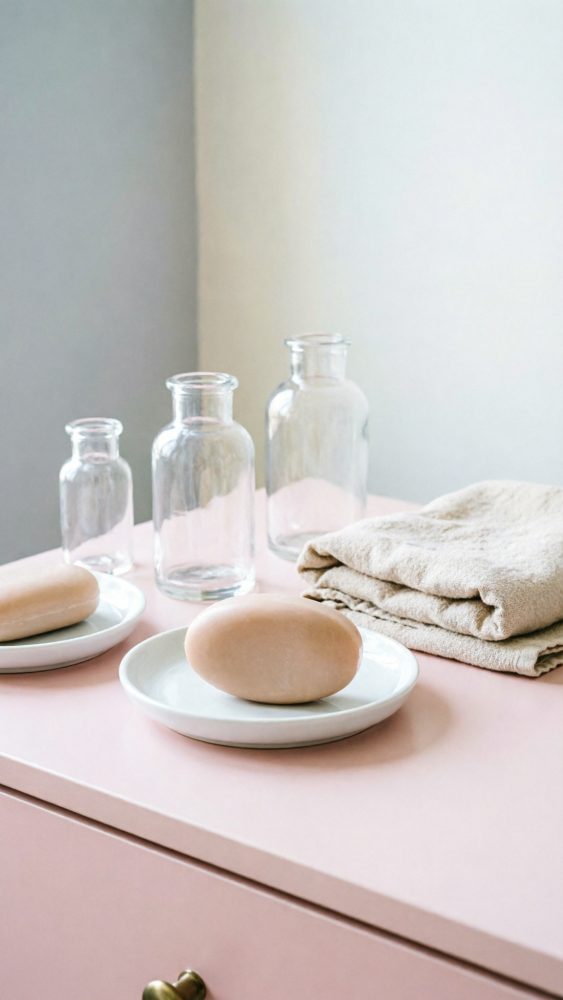 Sabonetes naturais em pratos brancos com frascos de vidro e toalhas claras sobre superfície cor de rosa