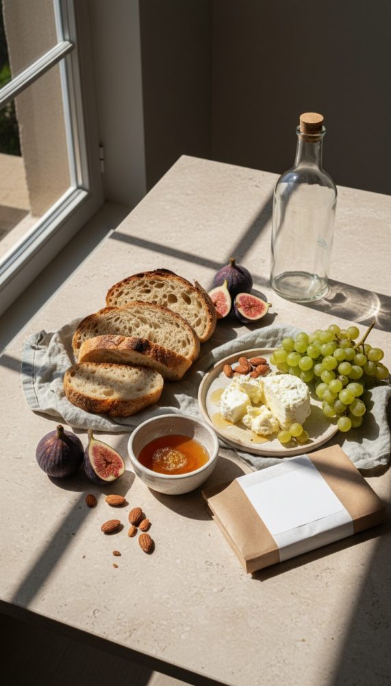 Mesa com pão, queijo, uvas, figos, amêndoas, mel e garrafa de vidro com rolha