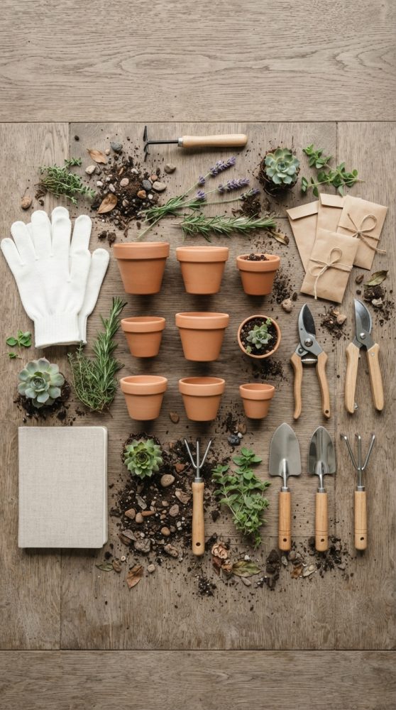 Conjunto de ferramentas, vasos de barro, plantas suculentas e luvas para jardinagem