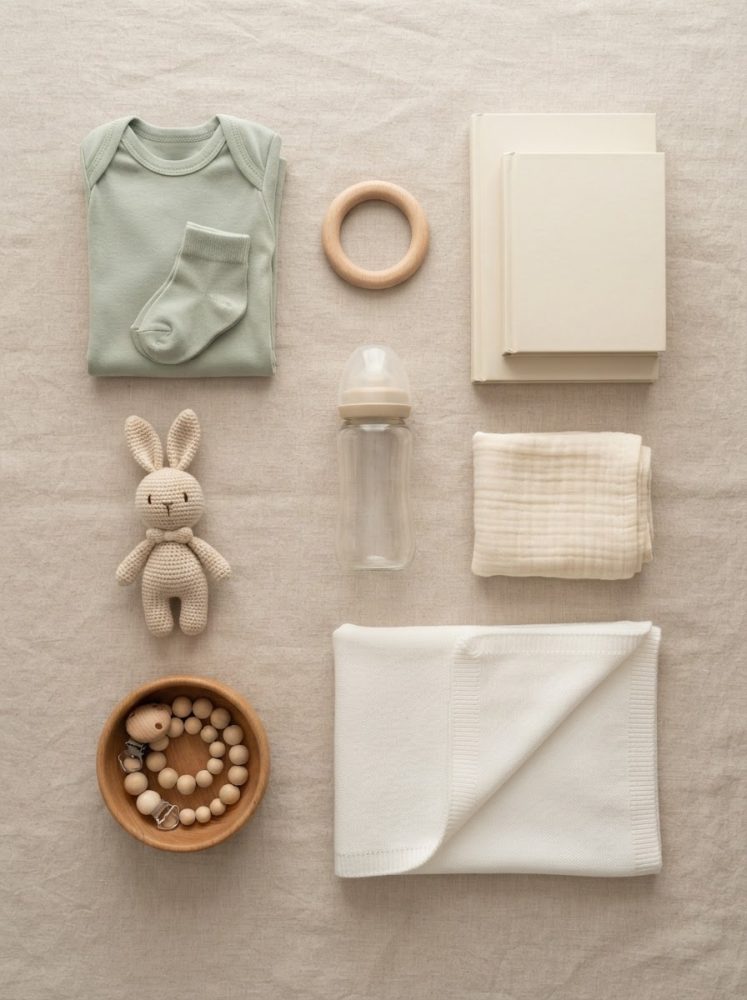Artigos essenciais para bebé organizados sobre fundo neutro incluindo roupa, brinquedos e acessórios