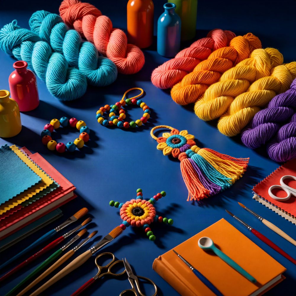 Vários novelos de lã coloridos, contas, pincéis e materiais de artesanato sobre fundo azul