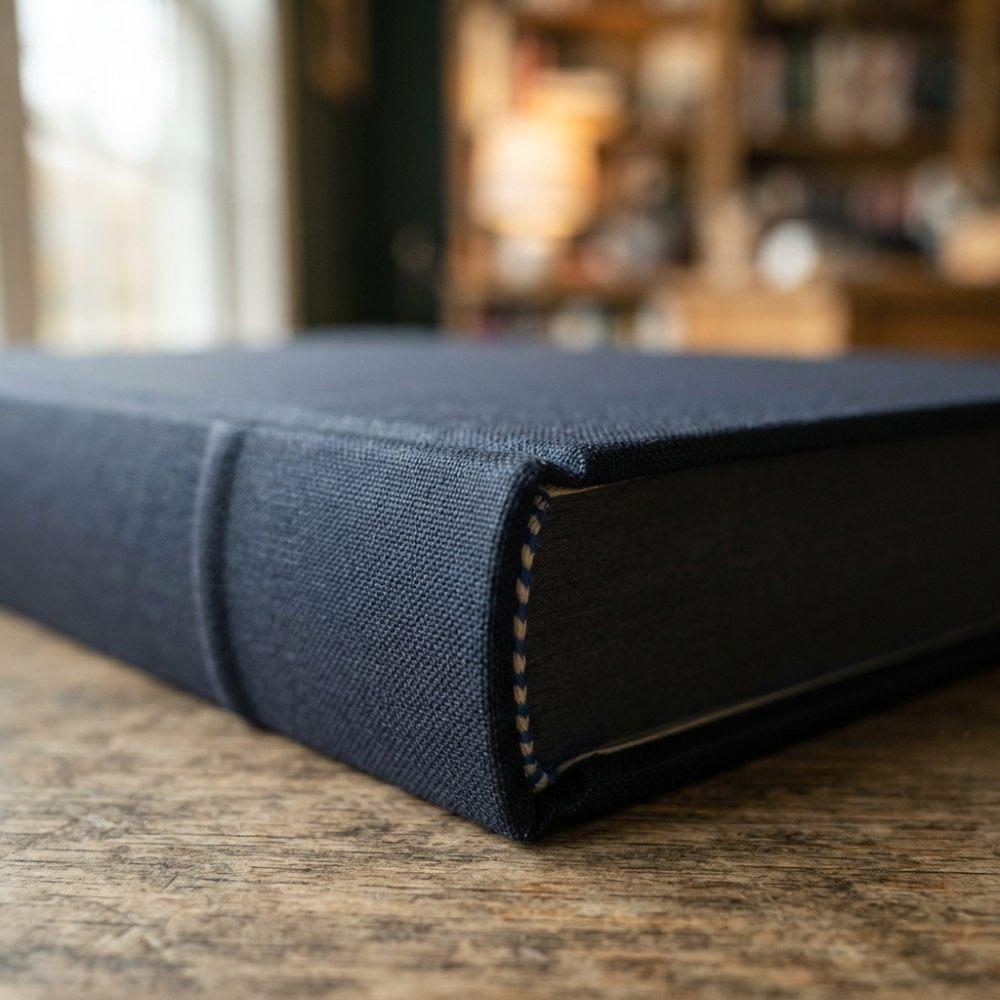 Livro de capa azul em tecido sobre mesa de madeira rústica com luz natural e fundo desfocado
