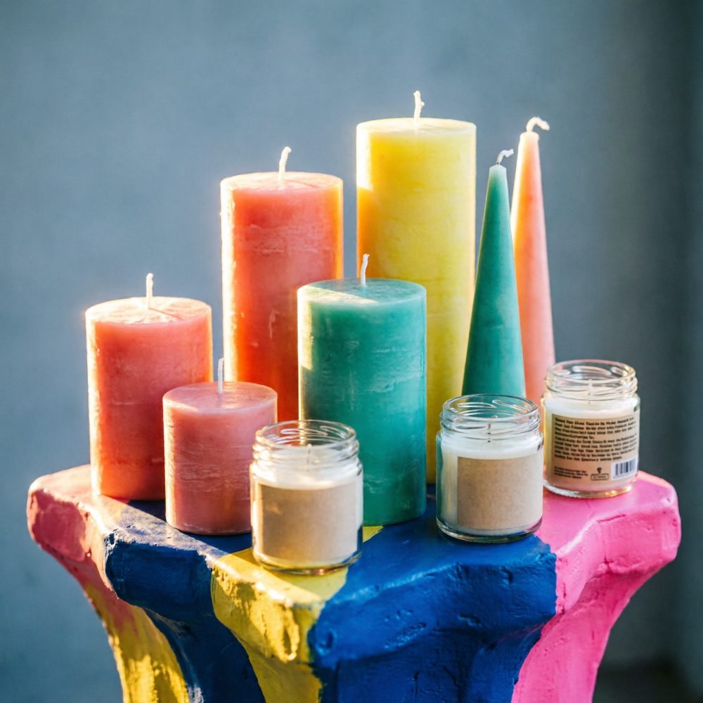 Conjunto de velas coloridas em diferentes formatos sobre suporte pintado em azul, amarelo e rosa