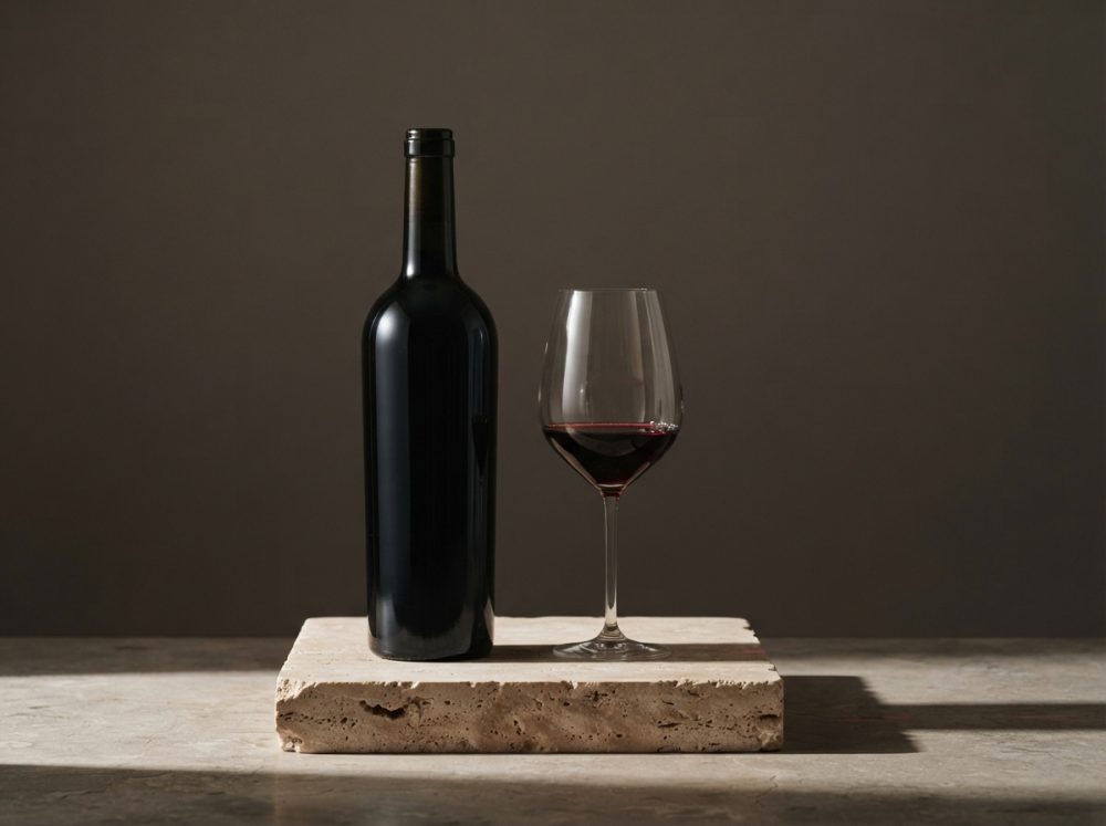 Garrafa de vinho tinto ao lado de copo com vinho sobre pedra clara e fundo neutro escuro