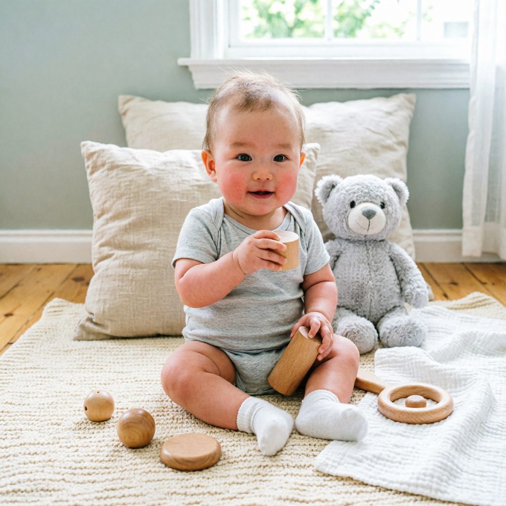 Bebé sentado no tapete com brinquedos de madeira e urso de peluche cinzento