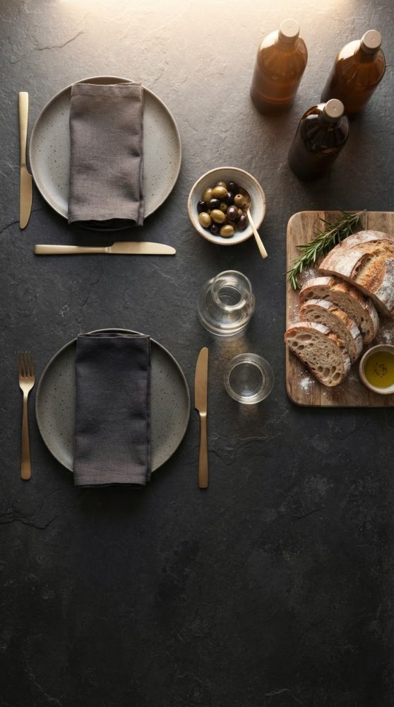 Mesa posta para duas pessoas com pão, azeite, azeitonas, talheres dourados e garrafas âmbar