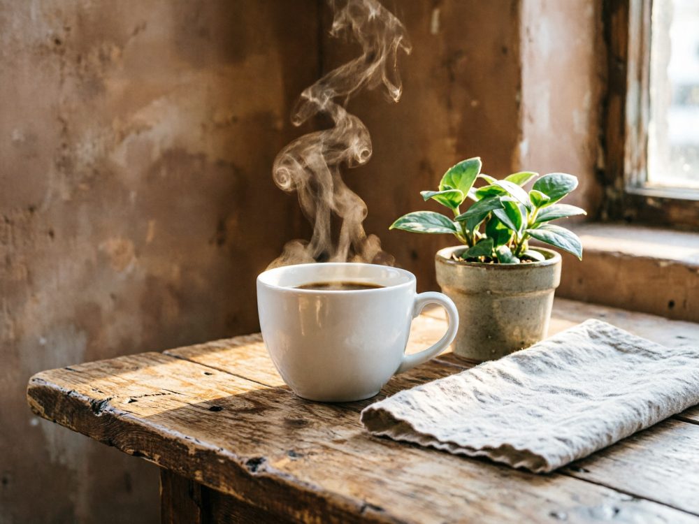 Chávena de café quente fumegante sobre mesa rústica ao lado de vaso com planta verde e pano de linho