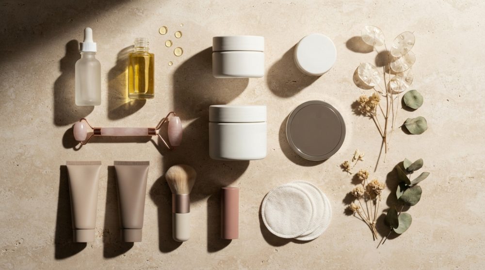 Conjunto organizado de cosméticos naturais, pincel e rolo de massagem facial sob luz natural