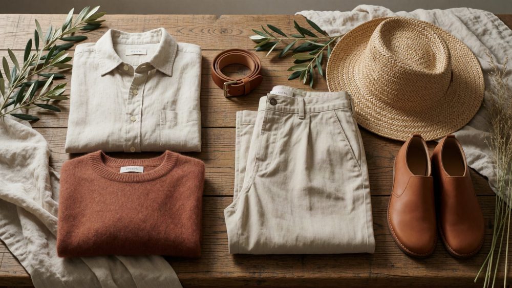 Conjunto de camisa, camisola, calças, cinto, sapatos e chapéu de palha em tons neutros sobre mesa de madeira