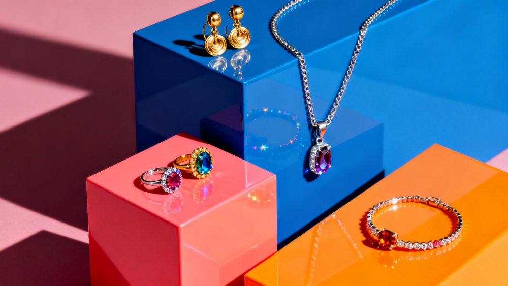 Conjunto de anéis, brincos, colar e pulseira com pedras preciosas coloridas sobre blocos brilhantes e coloridos
