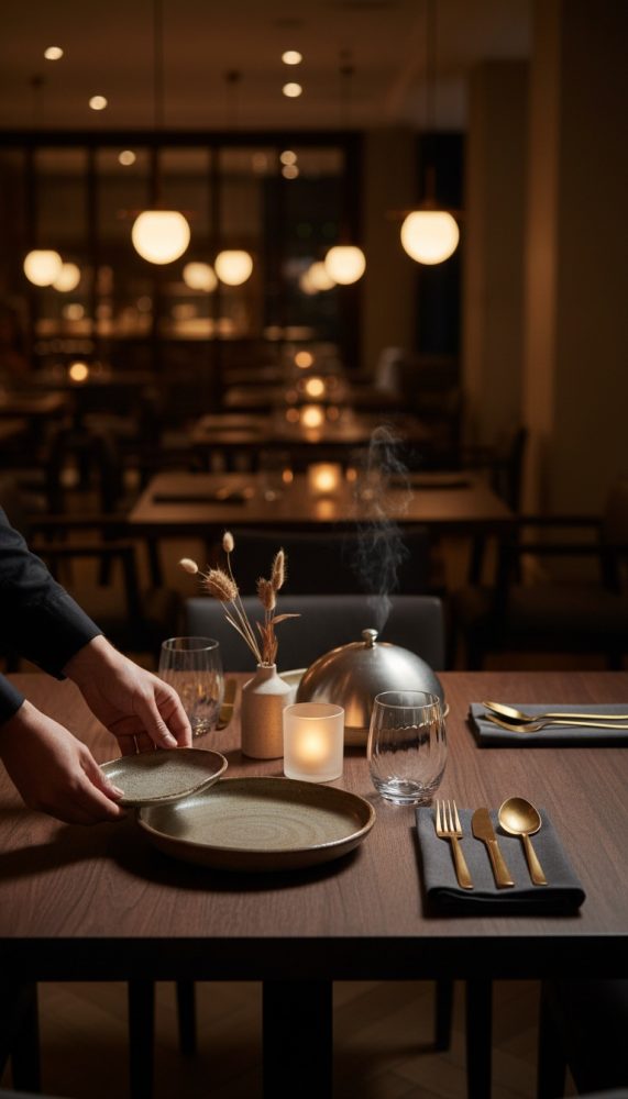 Mesa posta com pratos, talheres dourados, copos e vela com luz ambiente numa sala de restaurante moderno