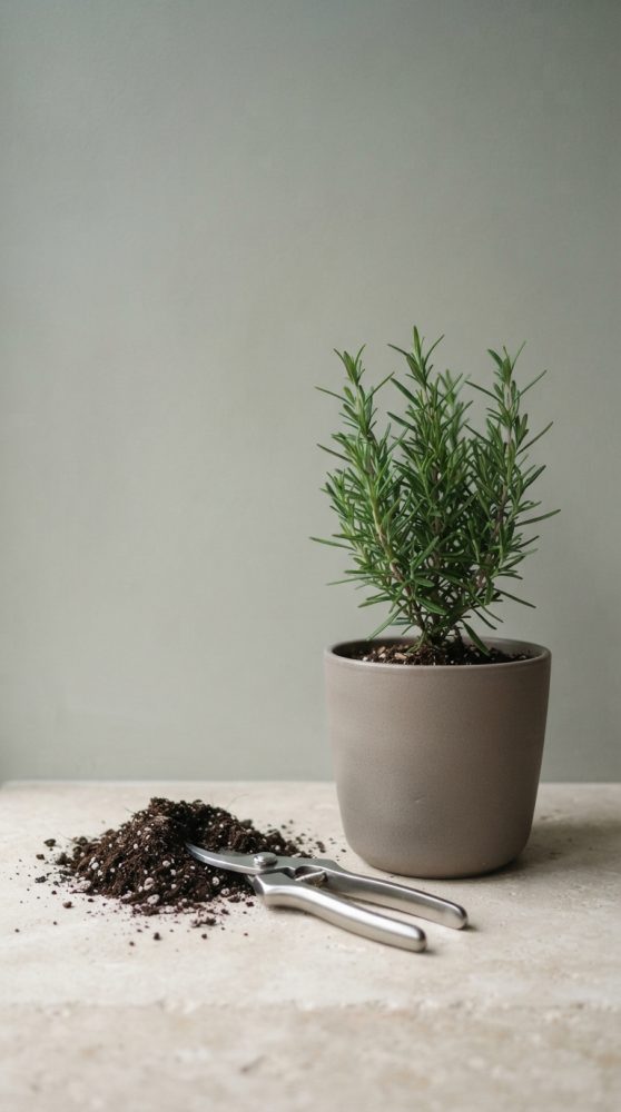 Planta de alecrim num vaso cinza com terra solta e tesoura de jardinagem ao lado
